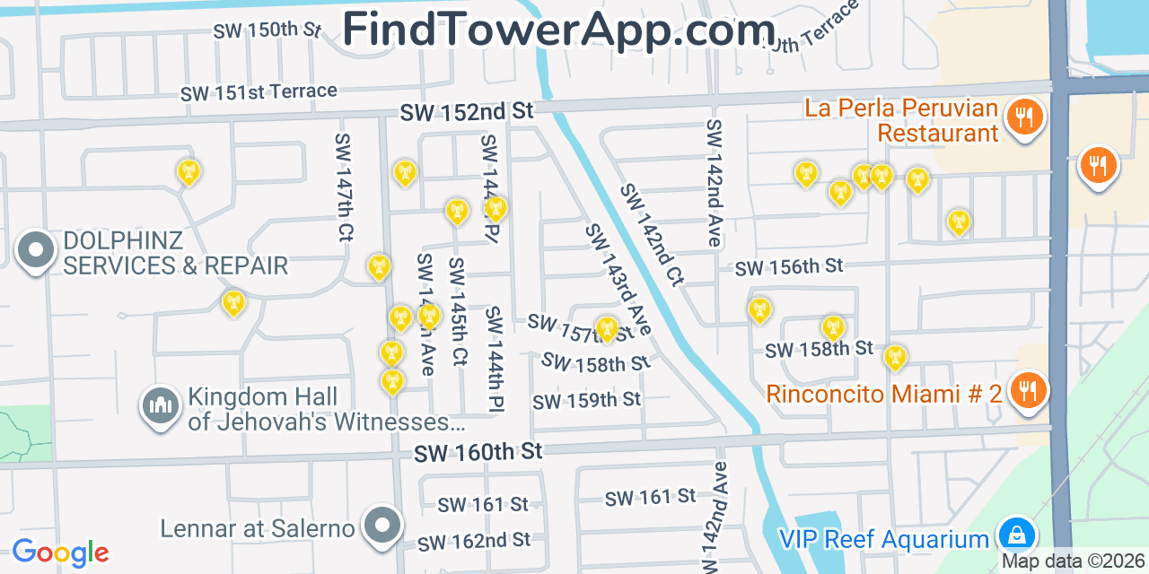 Map showing the 20 primary cell tower locations detected in Countrywalk Miami, Florida from AT&T, Verizon, and T-Mobile networks