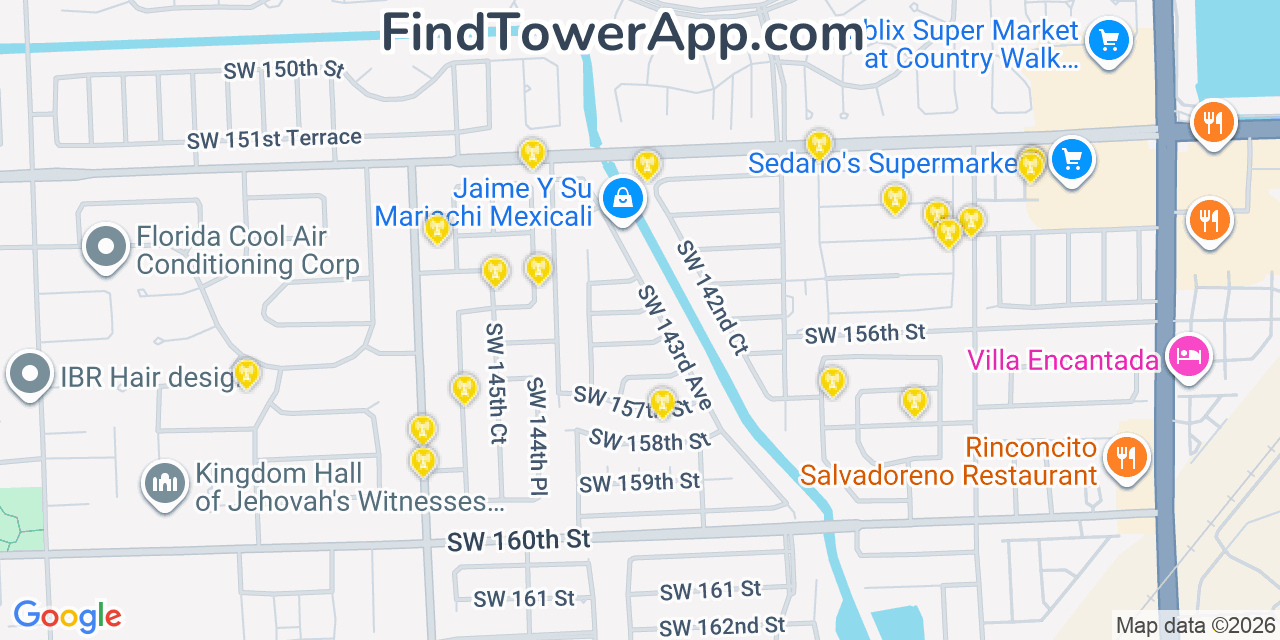 Map showing the 20 primary T-Mobile cell tower locations detected in Countrywalk Miami, Florida with coverage radius and signal strength indicators