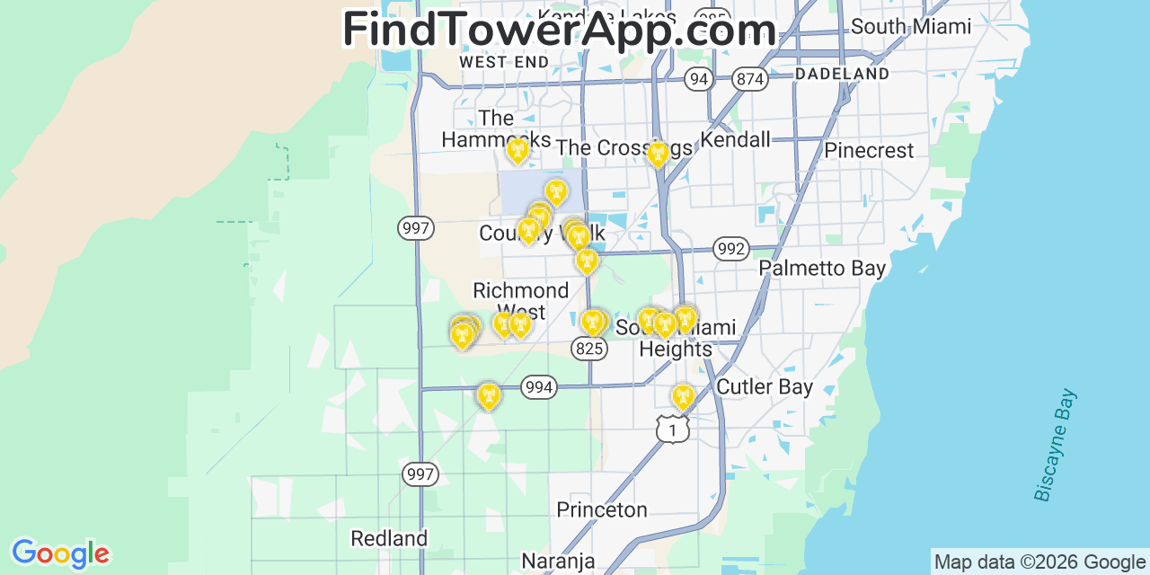 Map showing the 26 primary Verizon cell tower locations detected in Countrywalk Miami, Florida with coverage radius and signal strength indicators
