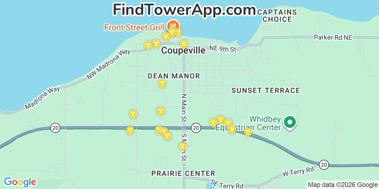 Map showing the 20 primary cell tower locations detected in Coupeville, Washington from AT&T, Verizon, and T-Mobile networks