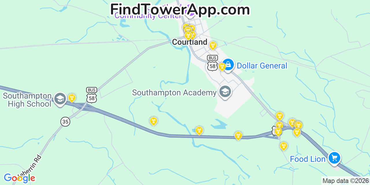 Map showing the 20 primary cell tower locations detected in Courtland, Virginia from AT&T, Verizon, and T-Mobile networks