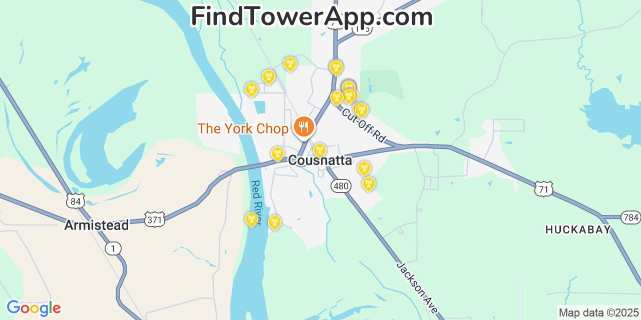 Map showing the 20 primary cell tower locations detected in Coushatta, Louisiana from AT&T, Verizon, and T-Mobile networks