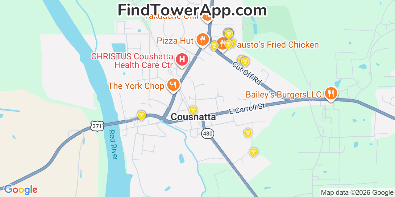 Map showing the 20 primary cell tower locations detected in Coushatta, Louisiana from AT&T, Verizon, and T-Mobile networks