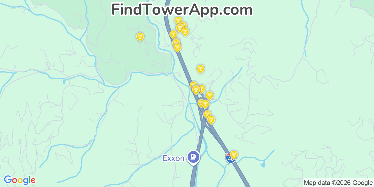 Map showing the 20 primary cell tower locations detected in Cove Creek, North Carolina from AT&T, Verizon, and T-Mobile networks