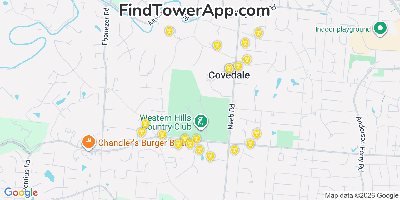 Map showing the 20 primary cell tower locations detected in Covedale, Ohio from AT&T, Verizon, and T-Mobile networks