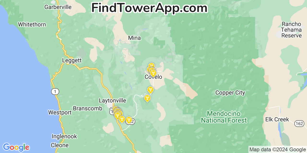 AT&T 4G/5G cell tower coverage map Covelo, California