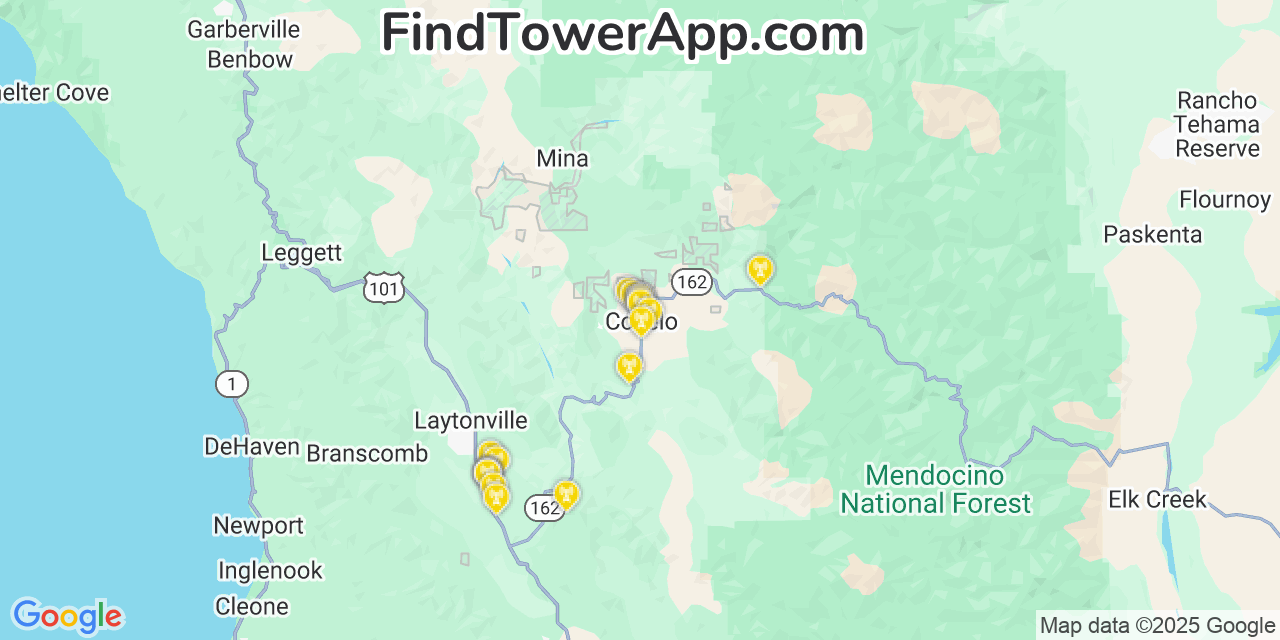 Map showing the 20 primary cell tower locations detected in Covelo, California from AT&T, Verizon, and T-Mobile networks