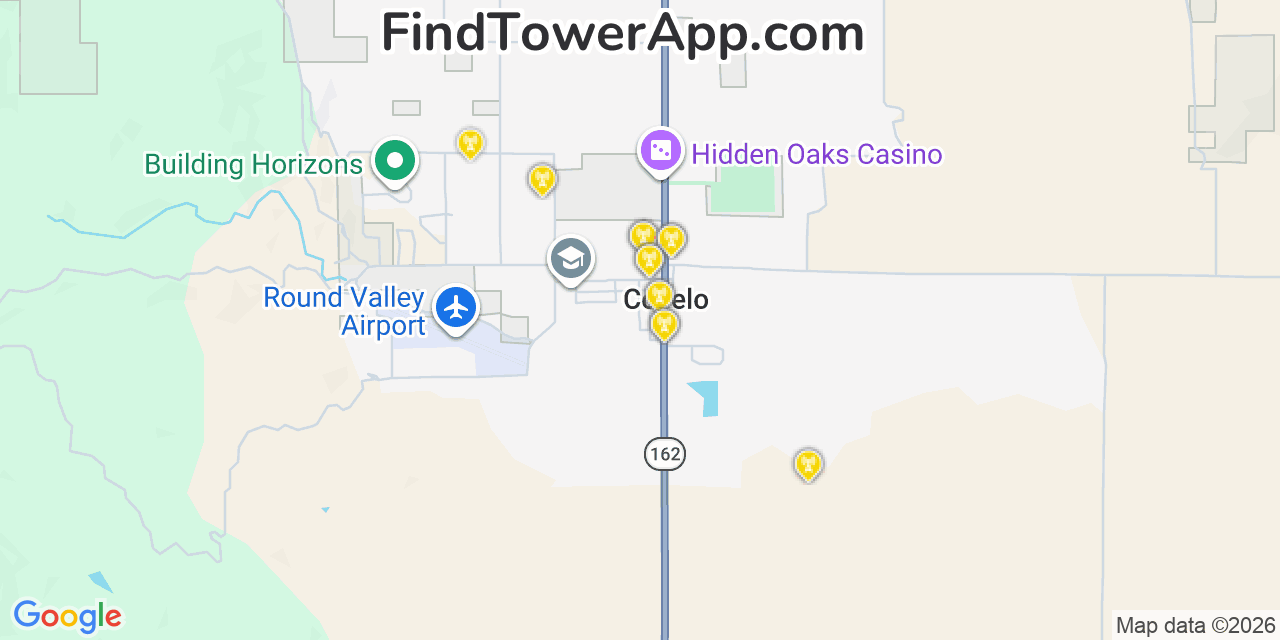 Map showing the 20 primary cell tower locations detected in Covelo, California from AT&T, Verizon, and T-Mobile networks