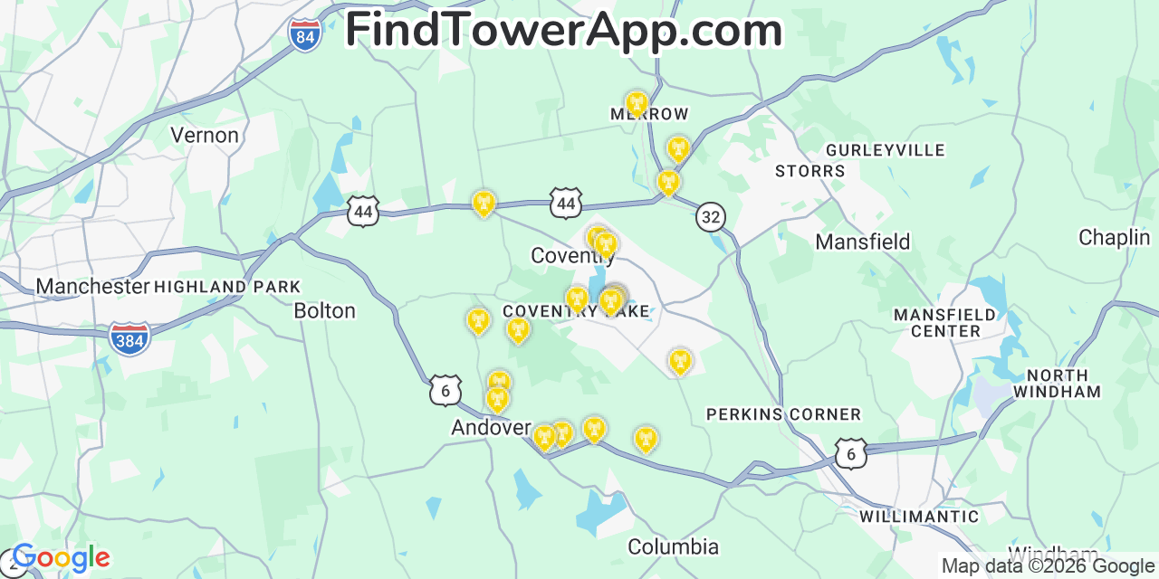 Map showing the 20 primary cell tower locations detected in Coventry Lake, Connecticut from AT&T, Verizon, and T-Mobile networks