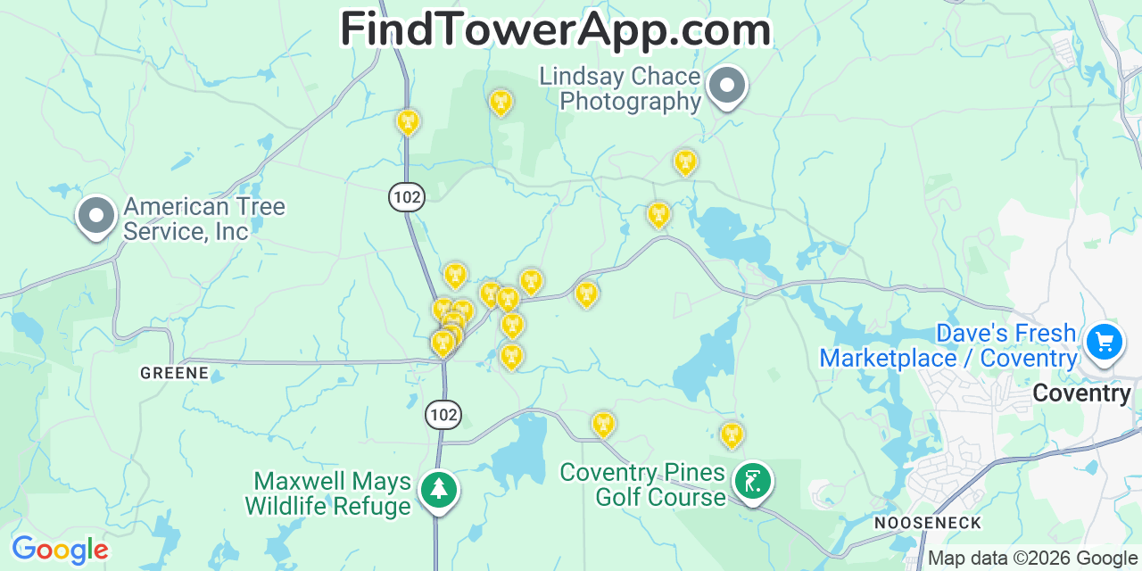 Map showing the 20 primary cell tower locations detected in Coventry, Rhode Island from AT&T, Verizon, and T-Mobile networks