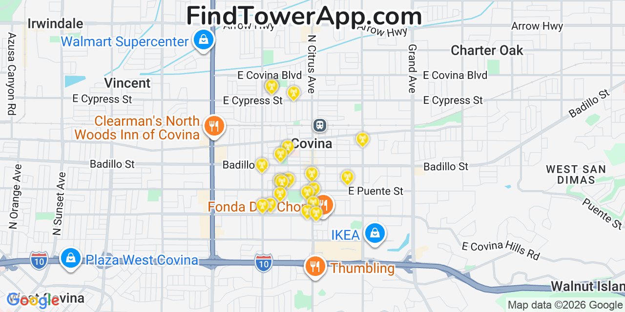 Map showing the 20 primary cell tower locations detected in Covina, California from AT&T, Verizon, and T-Mobile networks