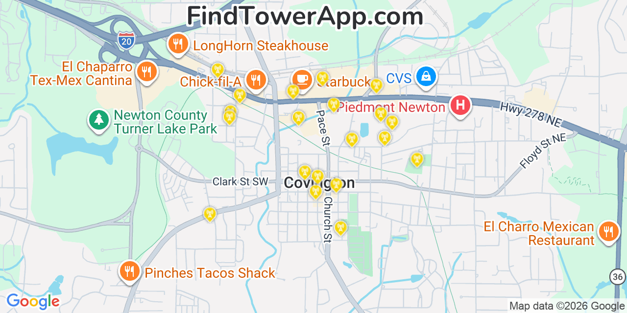 Map showing the 20 primary cell tower locations detected in Covington, Georgia from AT&T, Verizon, and T-Mobile networks