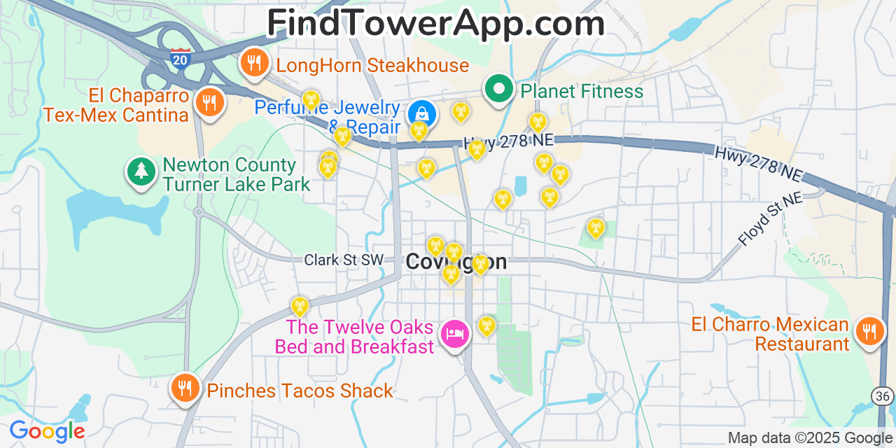Map showing the 20 primary Mobitel cell tower locations detected in Covington, Georgia with coverage radius and signal strength indicators