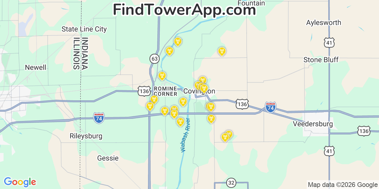 Map showing the 20 primary cell tower locations detected in Covington, Indiana from AT&T, Verizon, and T-Mobile networks