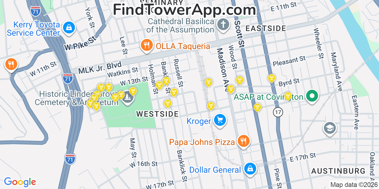 Map showing the 20 primary cell tower locations detected in Covington, Kentucky from AT&T, Verizon, and T-Mobile networks