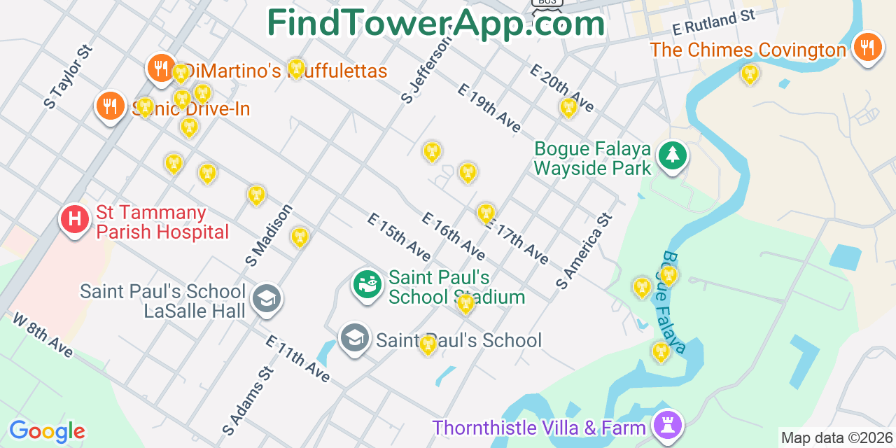 Map showing the 20 primary cell tower locations detected in Covington, Louisiana from AT&T, Verizon, and T-Mobile networks