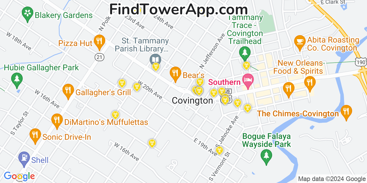 Verizon 4G/5G cell tower coverage map Covington, Louisiana