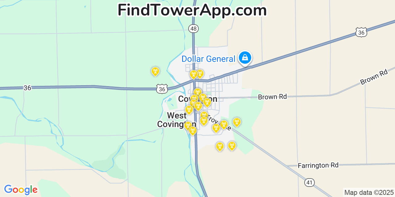 Map showing the 20 primary cell tower locations detected in Covington, Ohio from AT&T, Verizon, and T-Mobile networks