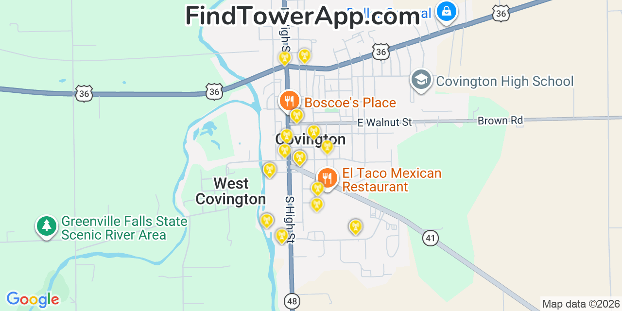Map showing the 20 primary cell tower locations detected in Covington, Ohio from AT&T, Verizon, and T-Mobile networks