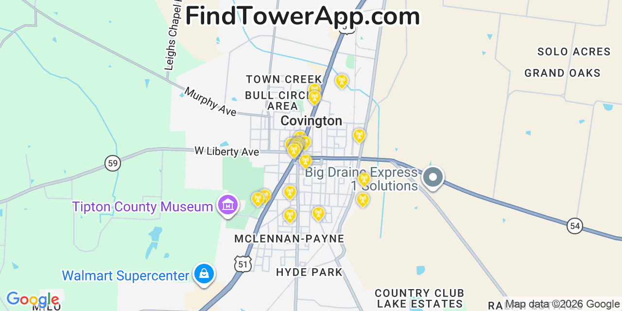 Map showing the 20 primary cell tower locations detected in Covington, Tennessee from AT&T, Verizon, and T-Mobile networks