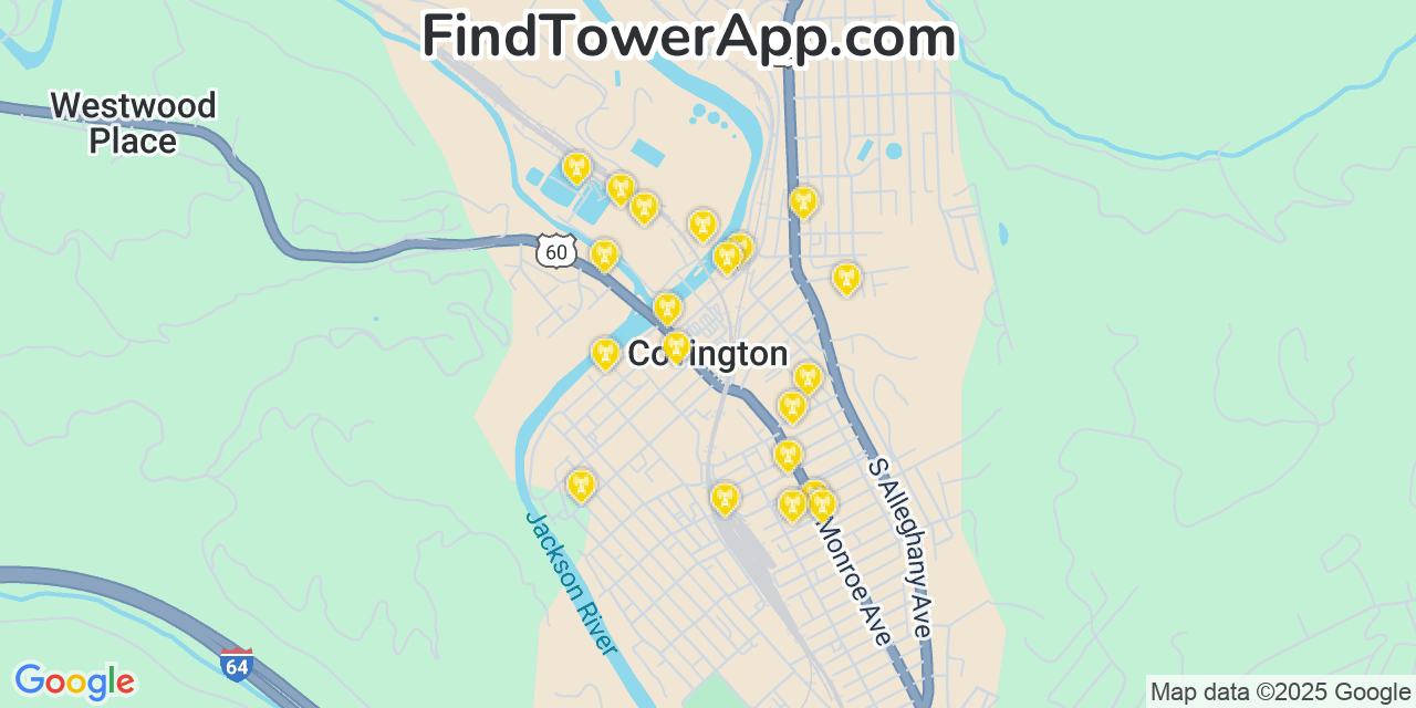 Map showing the 20 primary cell tower locations detected in Covington, Virginia from AT&T, Verizon, and T-Mobile networks