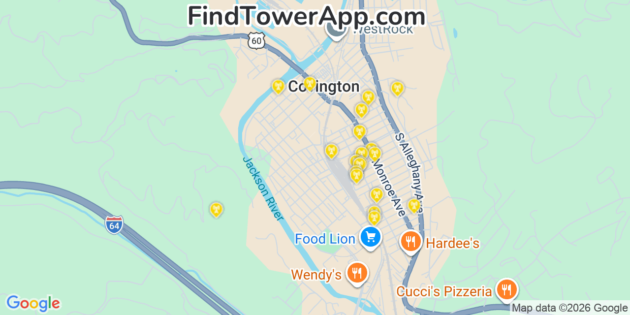 Map showing the 20 primary cell tower locations detected in Covington, Virginia from AT&T, Verizon, and T-Mobile networks