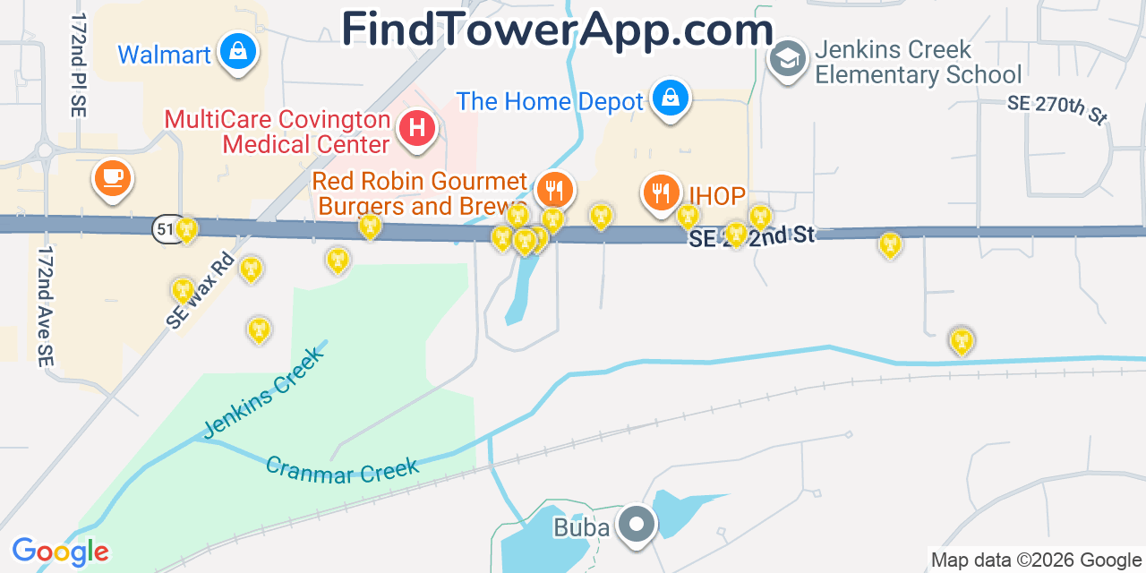 Map showing the 20 primary cell tower locations detected in Covington, Washington from AT&T, Verizon, and T-Mobile networks