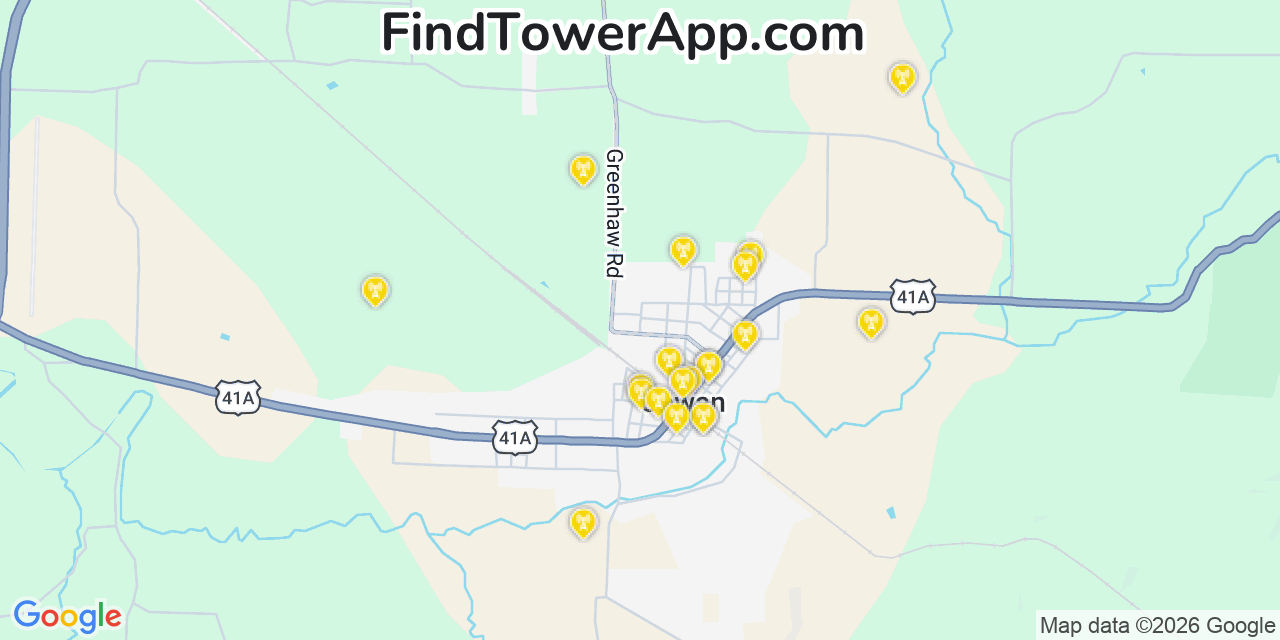 Map showing the 20 primary cell tower locations detected in Cowan, Tennessee from AT&T, Verizon, and T-Mobile networks