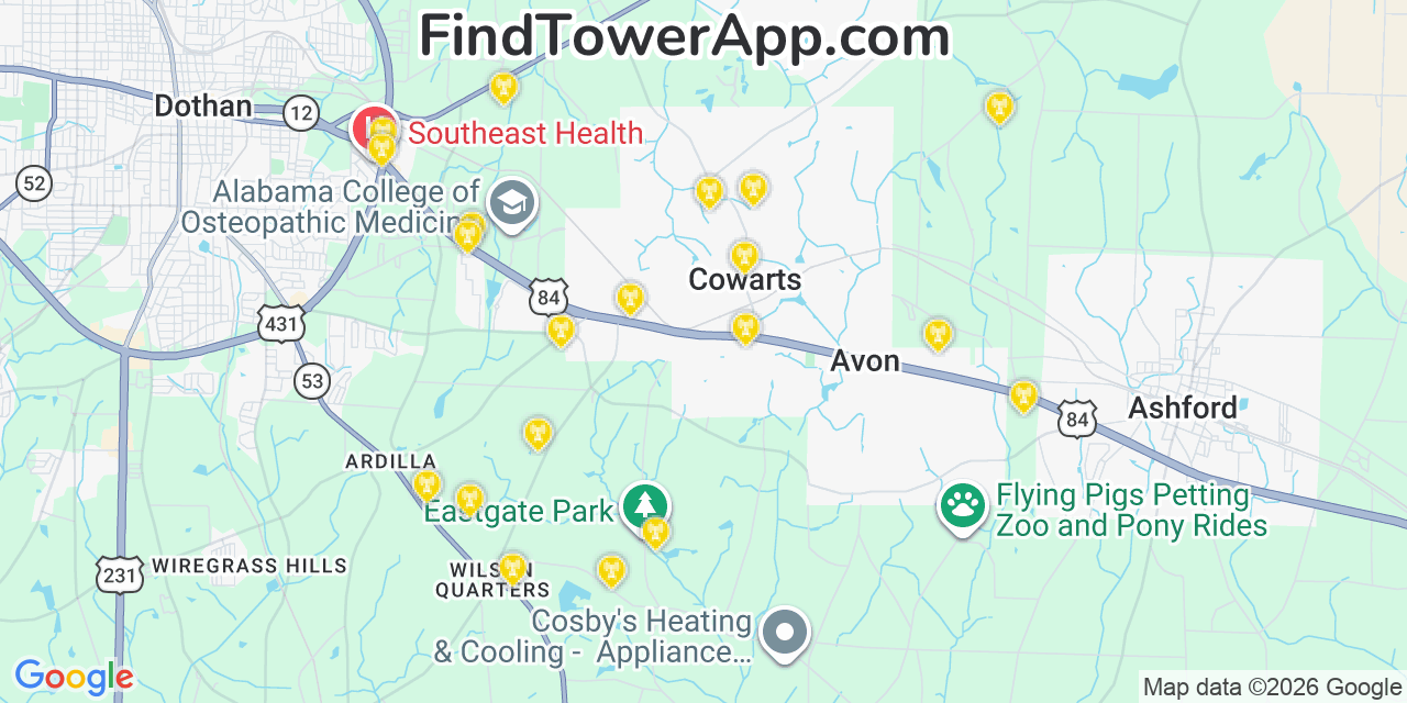 Map showing the 20 primary cell tower locations detected in Cowarts, Alabama from AT&T, Verizon, and T-Mobile networks
