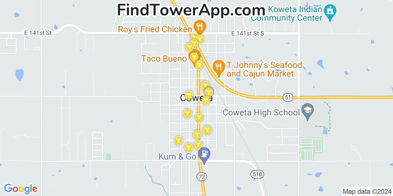 AT&T 4G/5G cell tower coverage map Coweta, Oklahoma