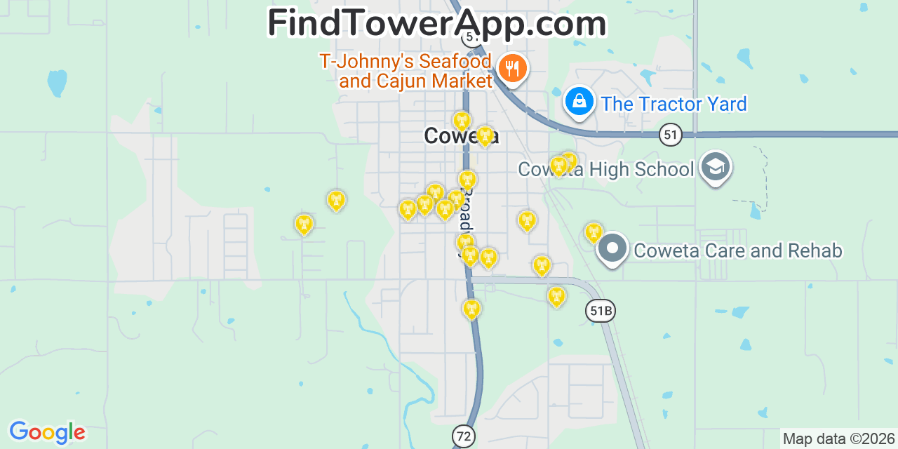Map showing the 20 primary cell tower locations detected in Coweta, Oklahoma from AT&T, Verizon, and T-Mobile networks