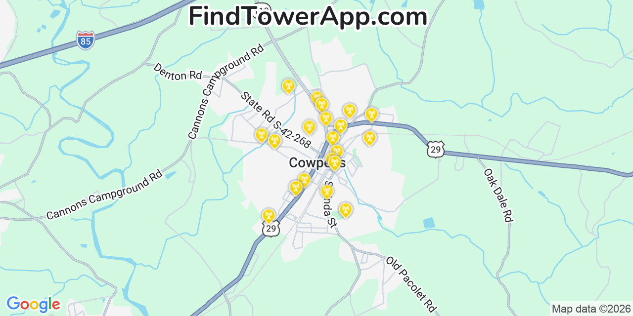 Map showing the 20 primary cell tower locations detected in Cowpens, South Carolina from AT&T, Verizon, and T-Mobile networks