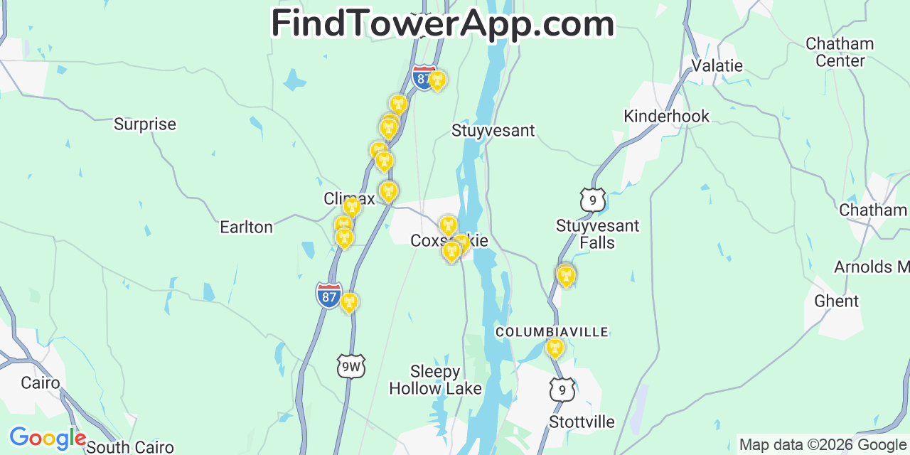 Map showing the 20 primary cell tower locations detected in Coxsackie, New York from AT&T, Verizon, and T-Mobile networks