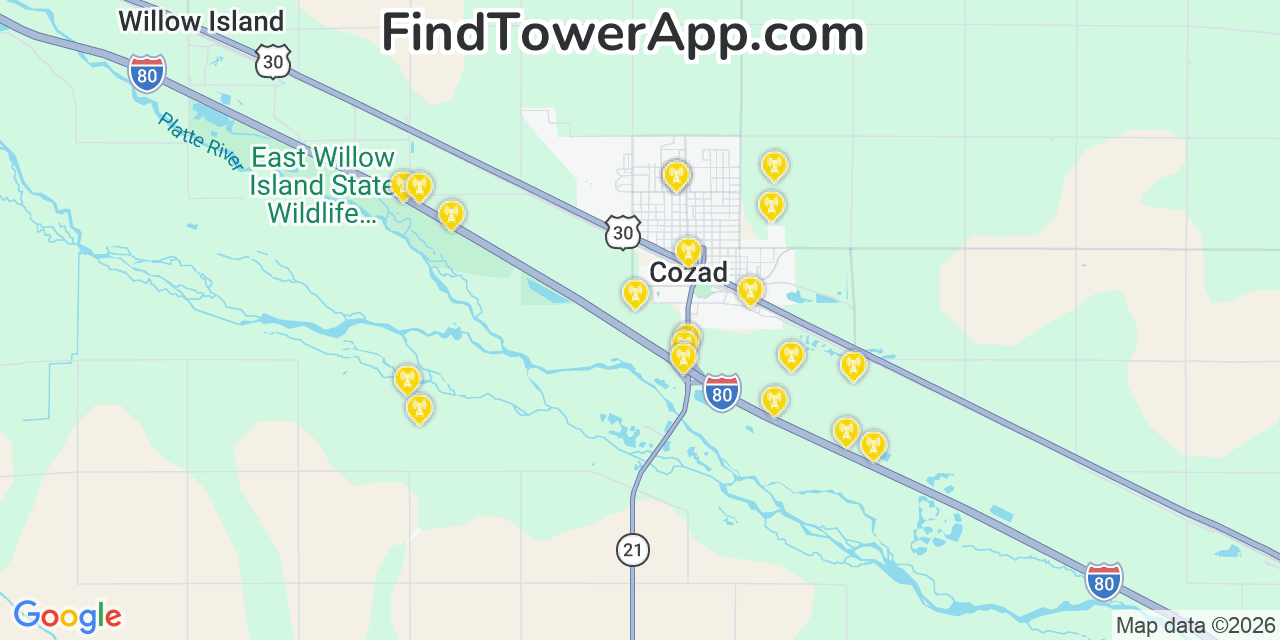 Map showing the 20 primary cell tower locations detected in Cozad, Nebraska from AT&T, Verizon, and T-Mobile networks