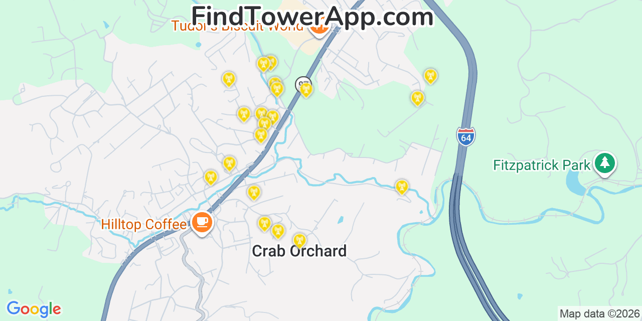Map showing the 20 primary cell tower locations detected in Crab Orchard, West Virginia from AT&T, Verizon, and T-Mobile networks