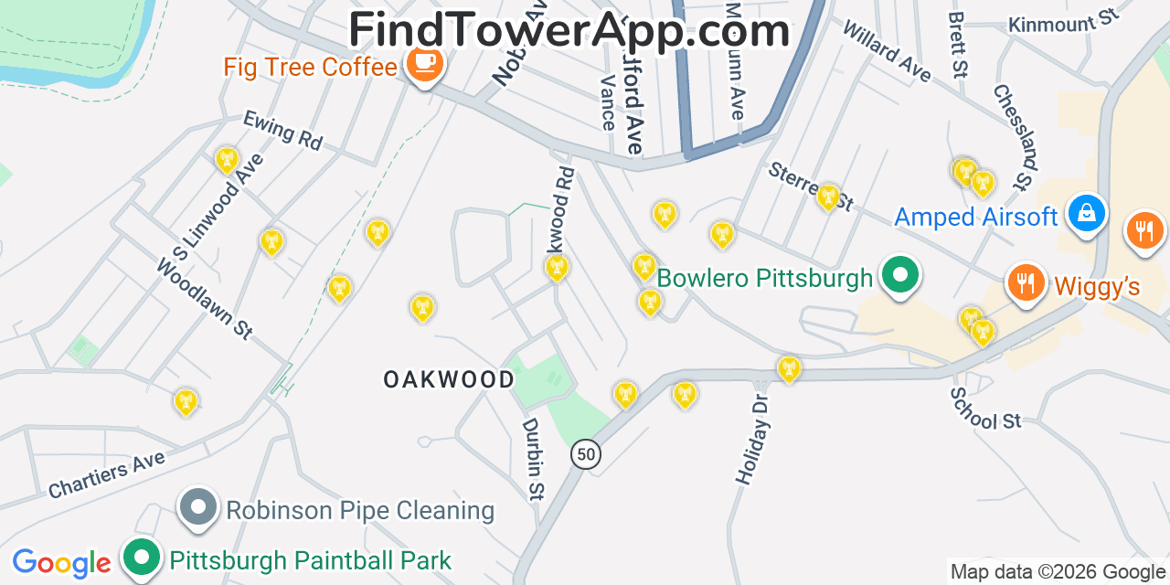 Map showing the 20 primary cell tower locations detected in Crafton, Pennsylvania from AT&T, Verizon, and T-Mobile networks