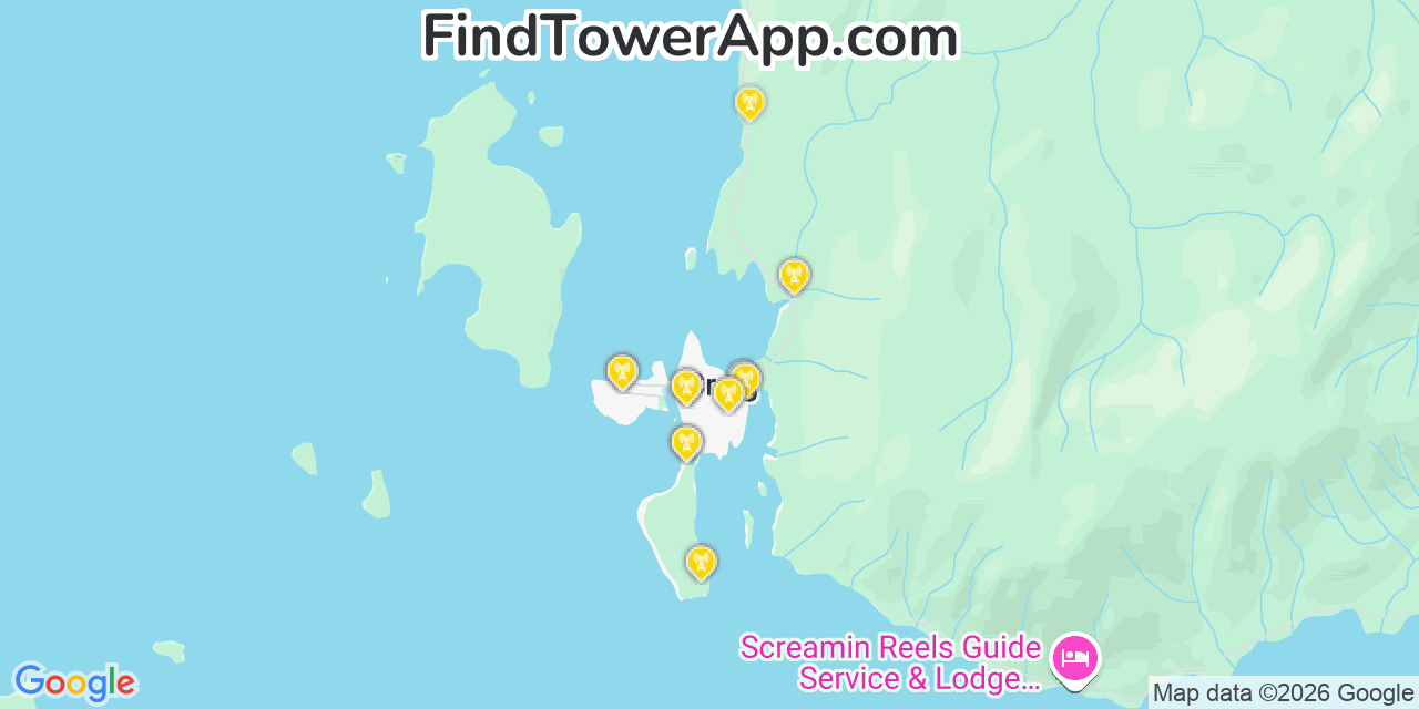 Map showing the 20 primary cell tower locations detected in Craig, Alaska from AT&T, Verizon, and T-Mobile networks