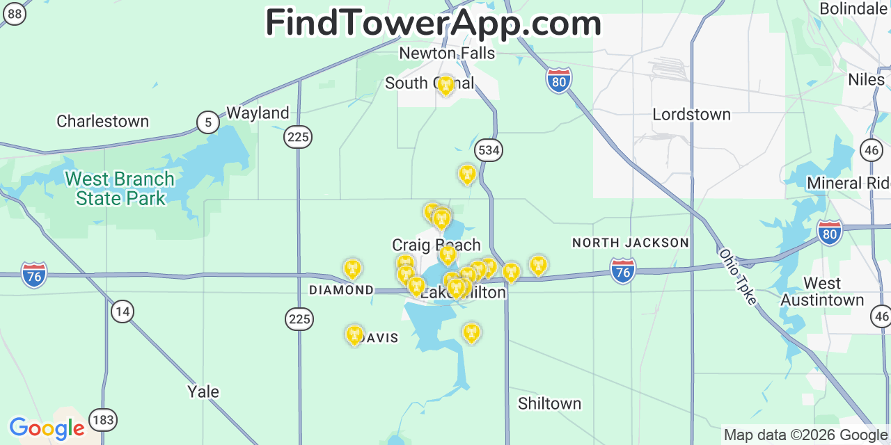 Map showing the 20 primary cell tower locations detected in Craig Beach, Ohio from AT&T, Verizon, and T-Mobile networks
