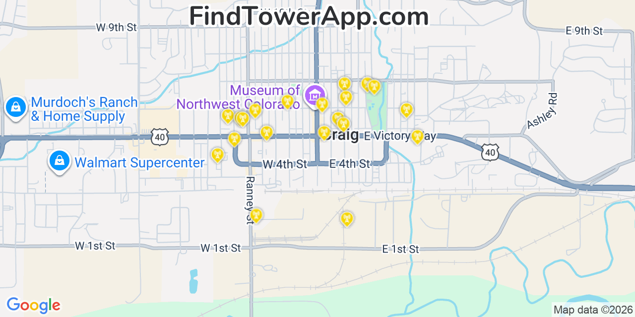 Map showing the 20 primary cell tower locations detected in Craig, Colorado from AT&T, Verizon, and T-Mobile networks