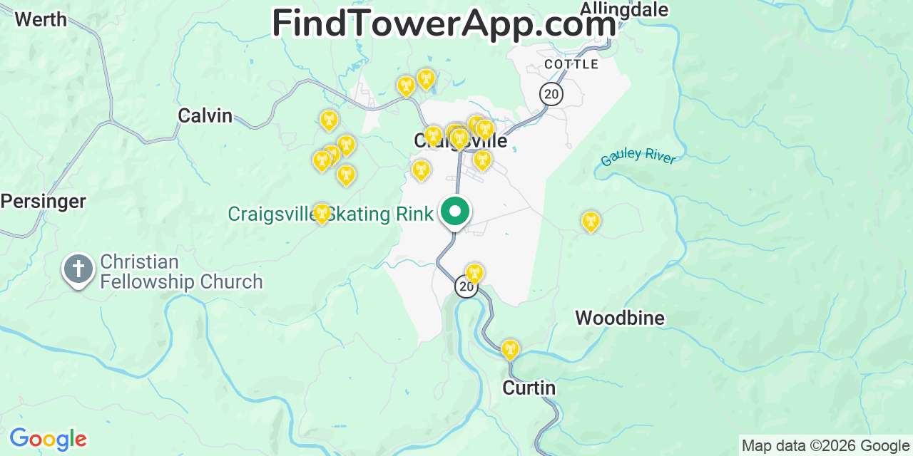 Map showing the 20 primary cell tower locations detected in Craigsville, West Virginia from AT&T, Verizon, and T-Mobile networks