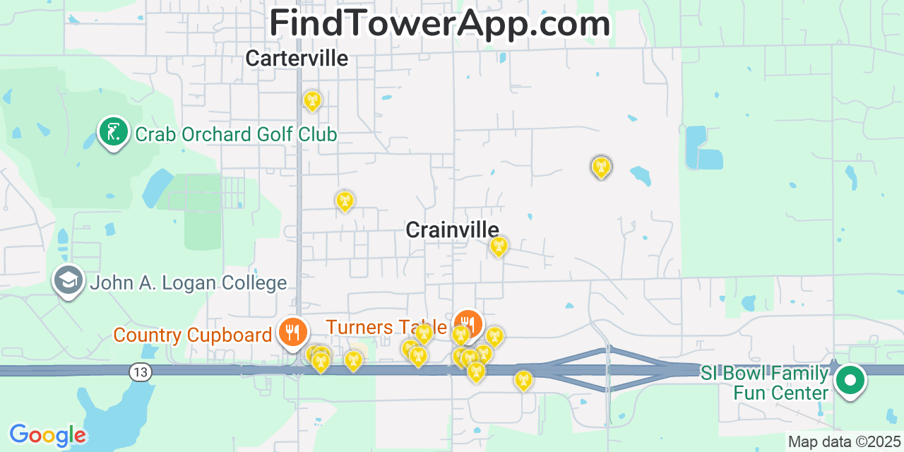 Map showing the 20 primary cell tower locations detected in Crainville, Illinois from AT&T, Verizon, and T-Mobile networks