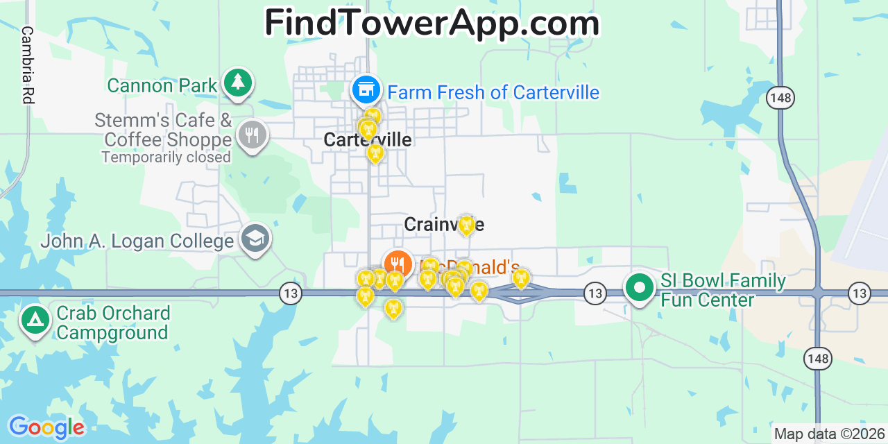 Map showing the 20 primary cell tower locations detected in Crainville, Illinois from AT&T, Verizon, and T-Mobile networks
