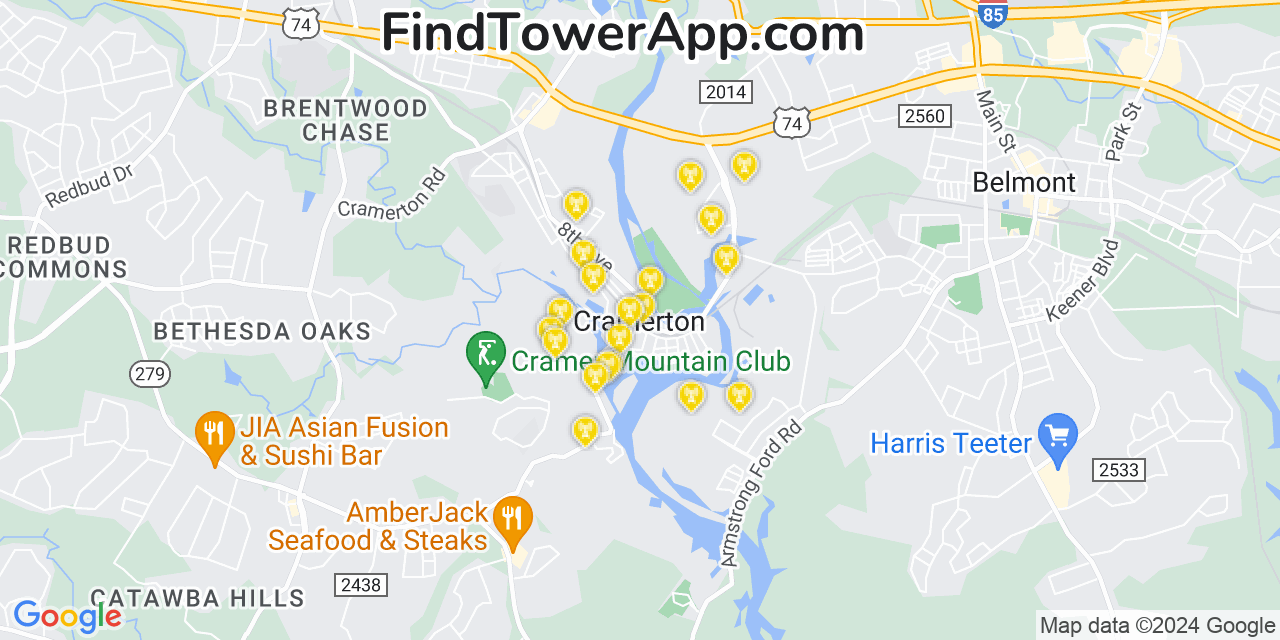 AT&T 4G/5G cell tower coverage map Cramerton, North Carolina