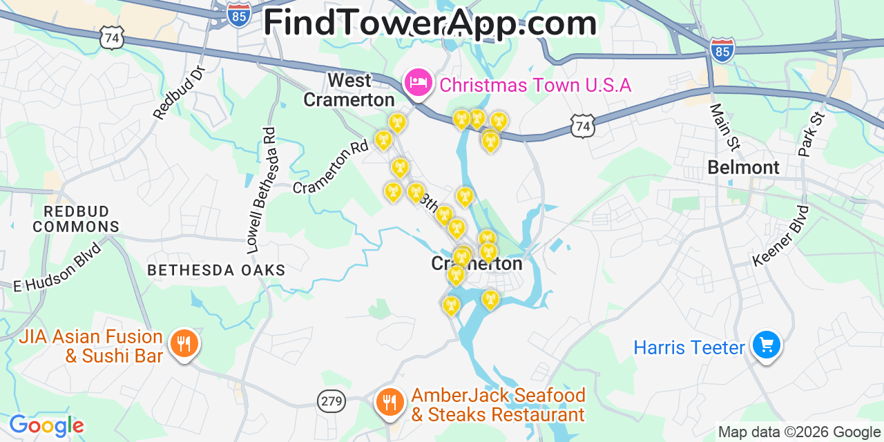 Map showing the 20 primary cell tower locations detected in Cramerton, North Carolina from AT&T, Verizon, and T-Mobile networks