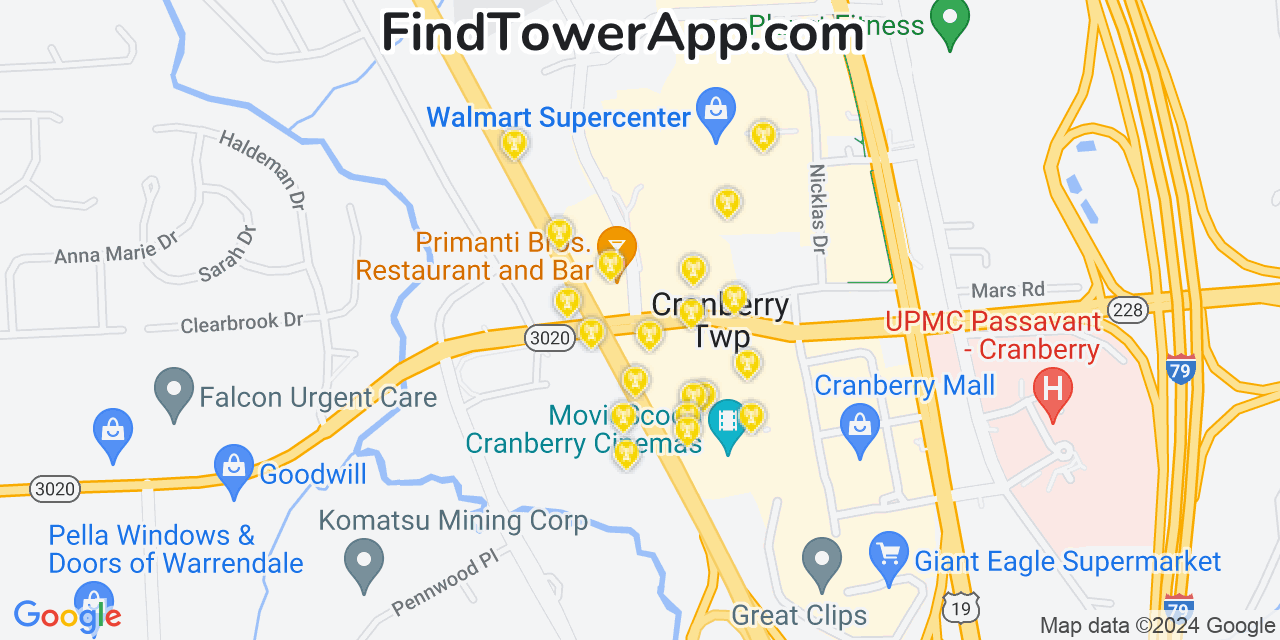 AT&T 4G/5G cell tower coverage map Cranberry Township, Pennsylvania