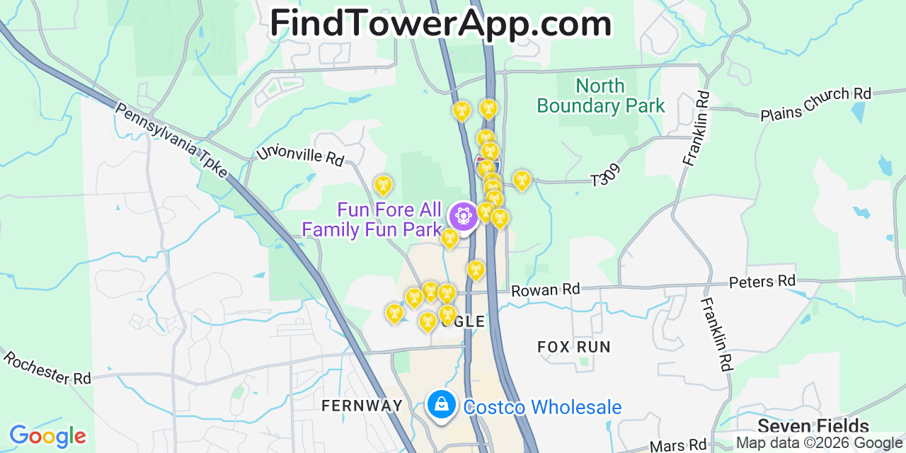 Map showing the 20 primary cell tower locations detected in Cranberry Township, Pennsylvania from AT&T, Verizon, and T-Mobile networks