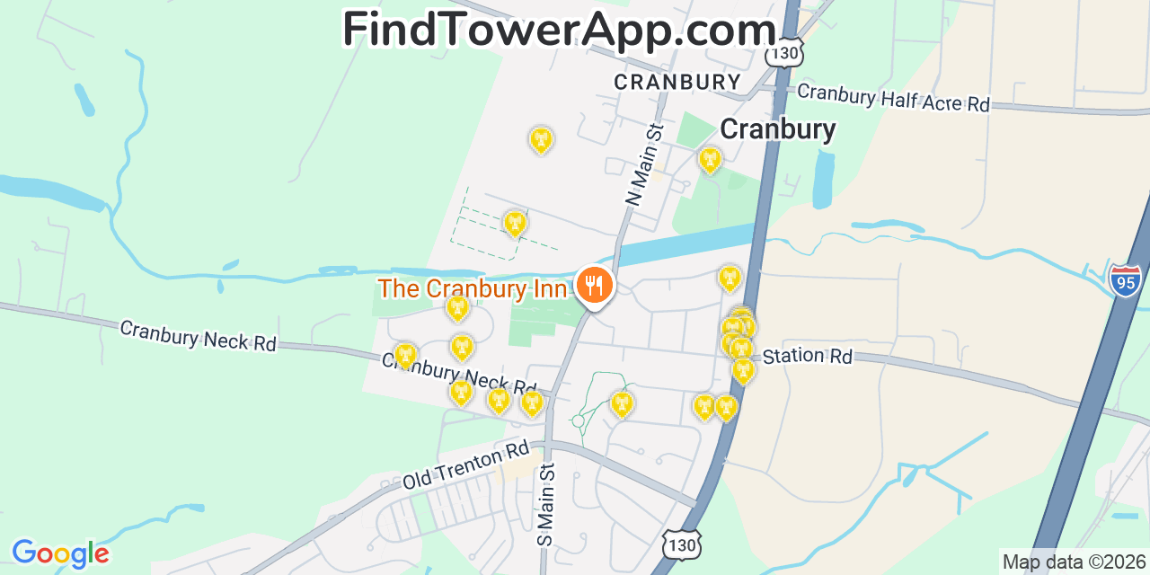 Map showing the 20 primary cell tower locations detected in Cranbury, New Jersey from AT&T, Verizon, and T-Mobile networks