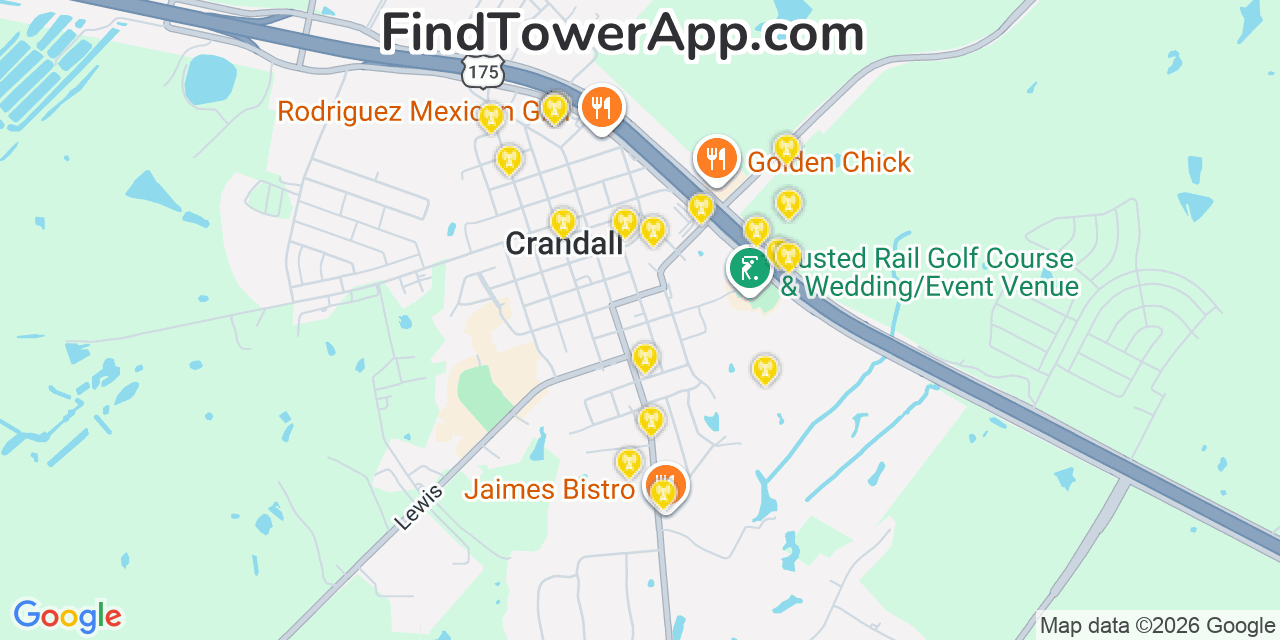 Map showing the 20 primary cell tower locations detected in Crandall, Texas from AT&T, Verizon, and T-Mobile networks