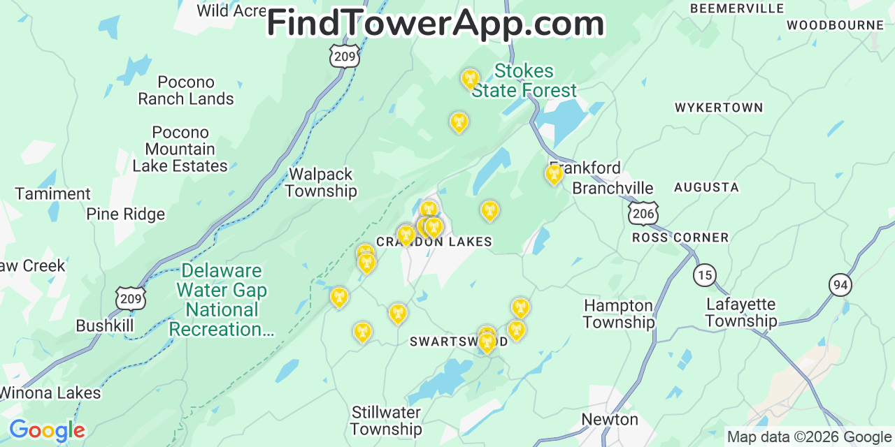 Map showing the 20 primary cell tower locations detected in Crandon Lakes, New Jersey from AT&T, Verizon, and T-Mobile networks