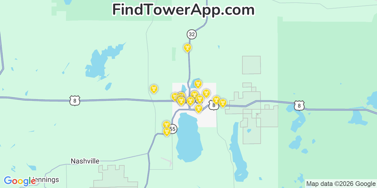 Map showing the 20 primary cell tower locations detected in Crandon, Wisconsin from AT&T, Verizon, and T-Mobile networks